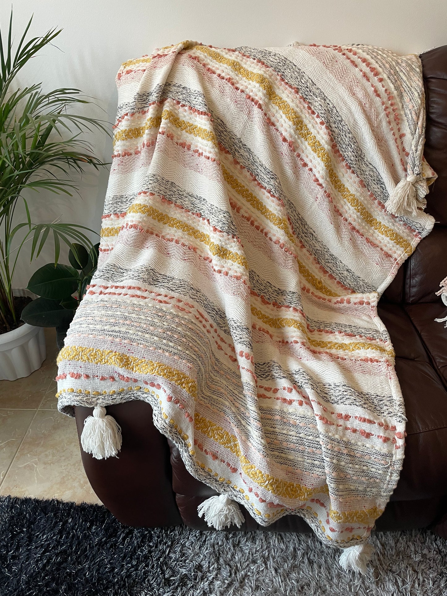 Hand Loom Woven Cotton Acrylic Wool Chunky Woven Cream Ivory Color Sofa Throw Blankets