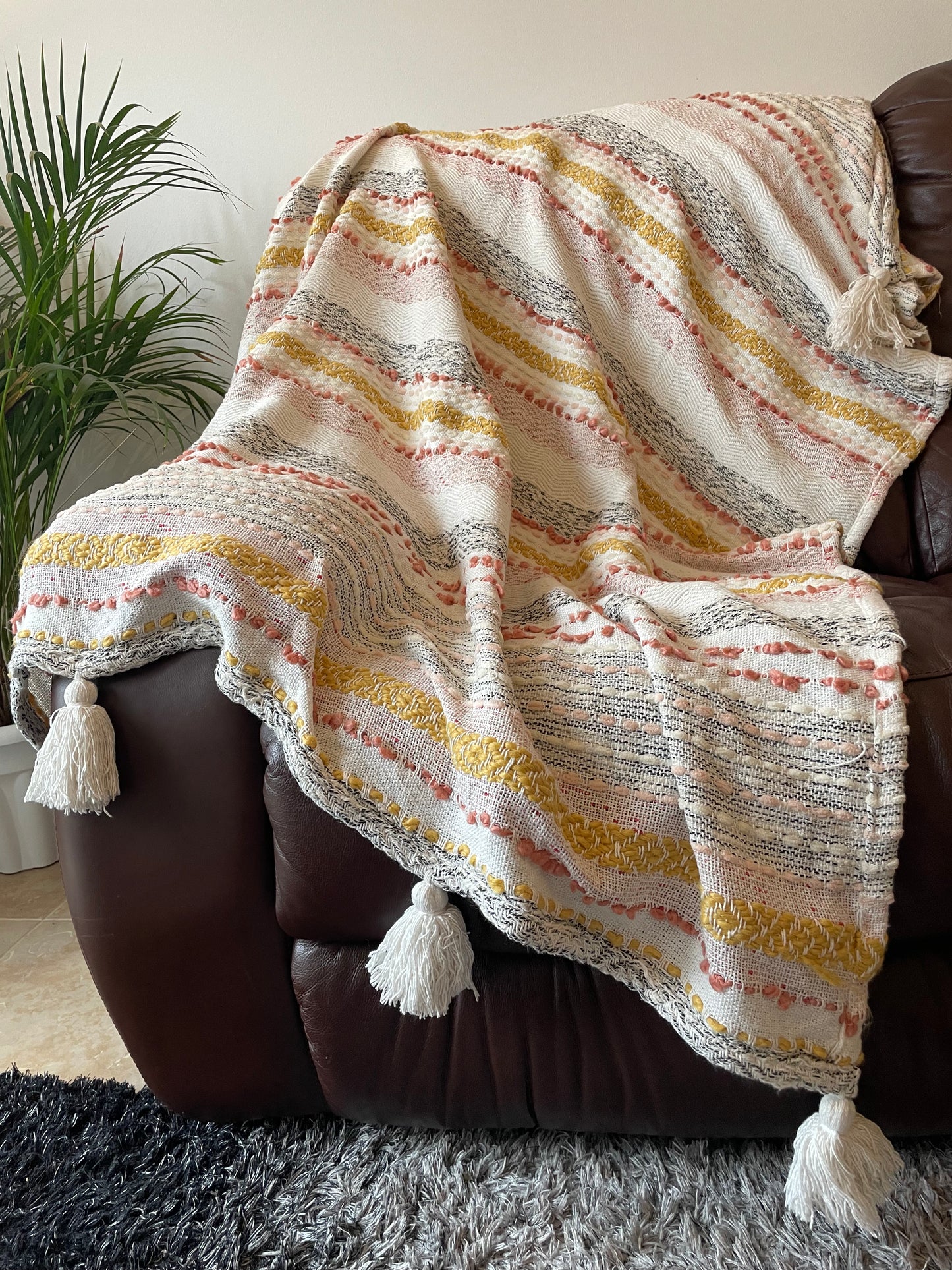 Hand Loom Woven Cotton Acrylic Wool Chunky Woven Cream Ivory Color Sofa Throw Blankets