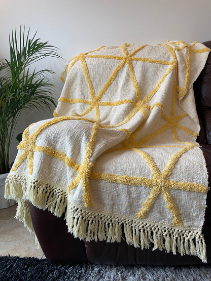 off White Cotton throw with yellow geometric pattern 