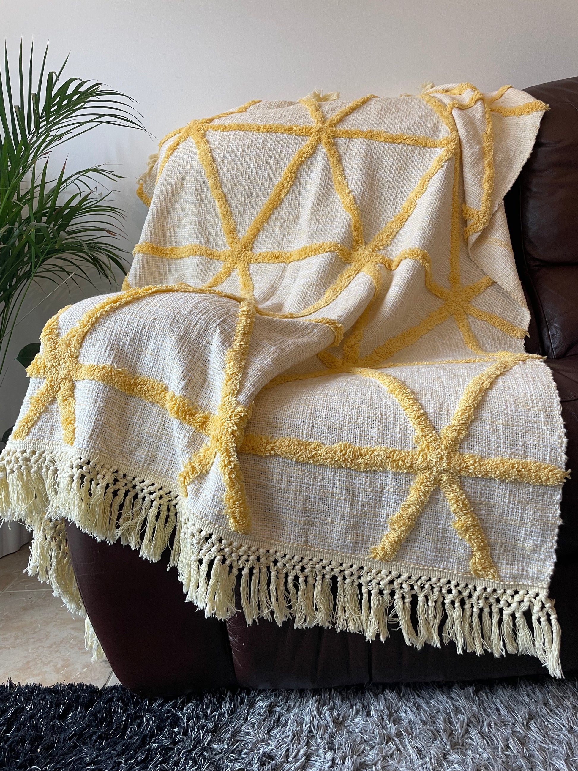 off White Cotton throw with yellow geometric pattern 