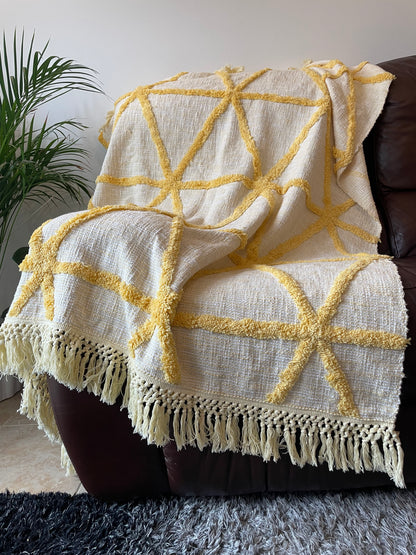 off White Cotton throw with yellow geometric pattern 