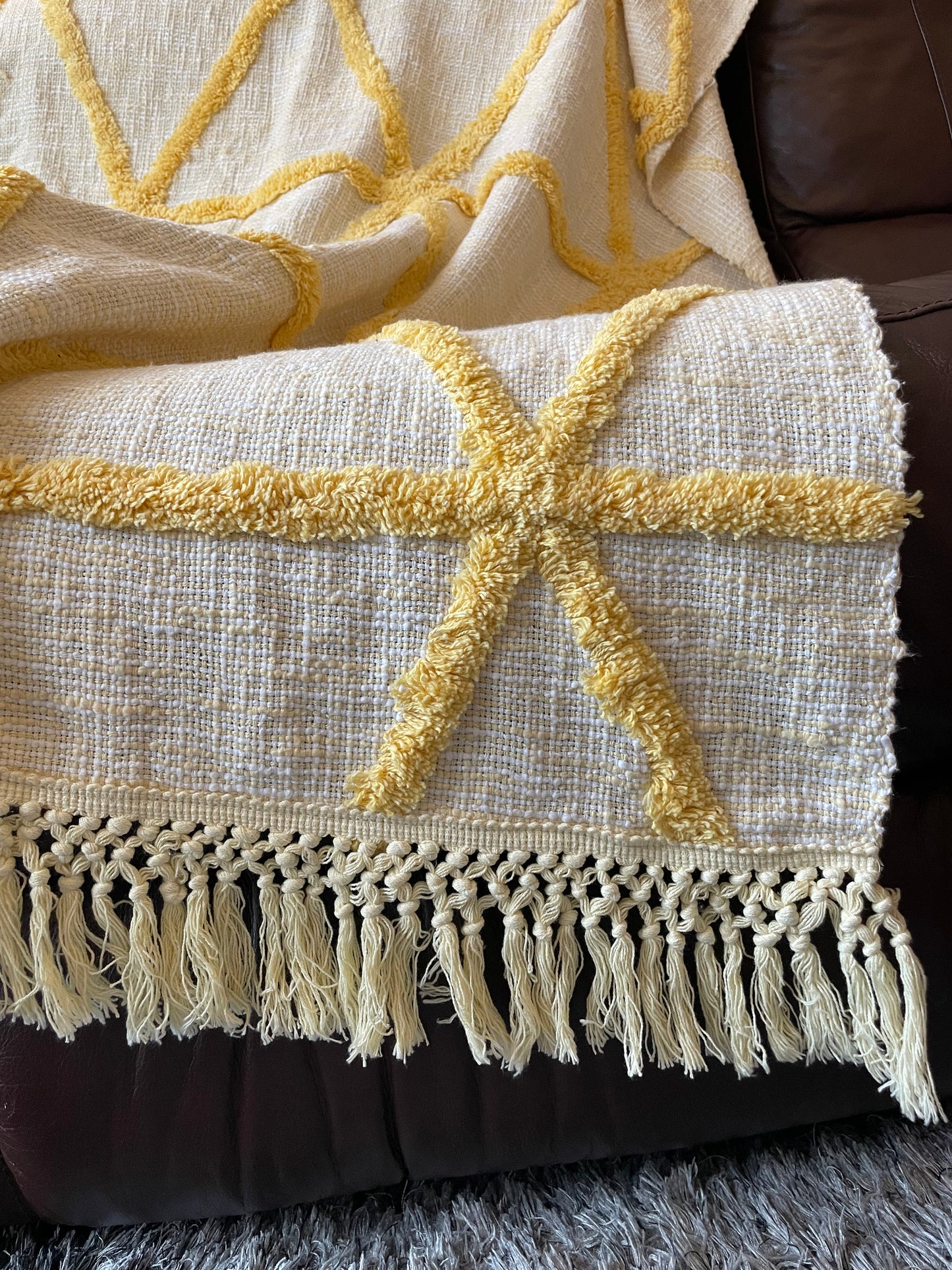 off White Cotton throw with yellow geometric pattern 