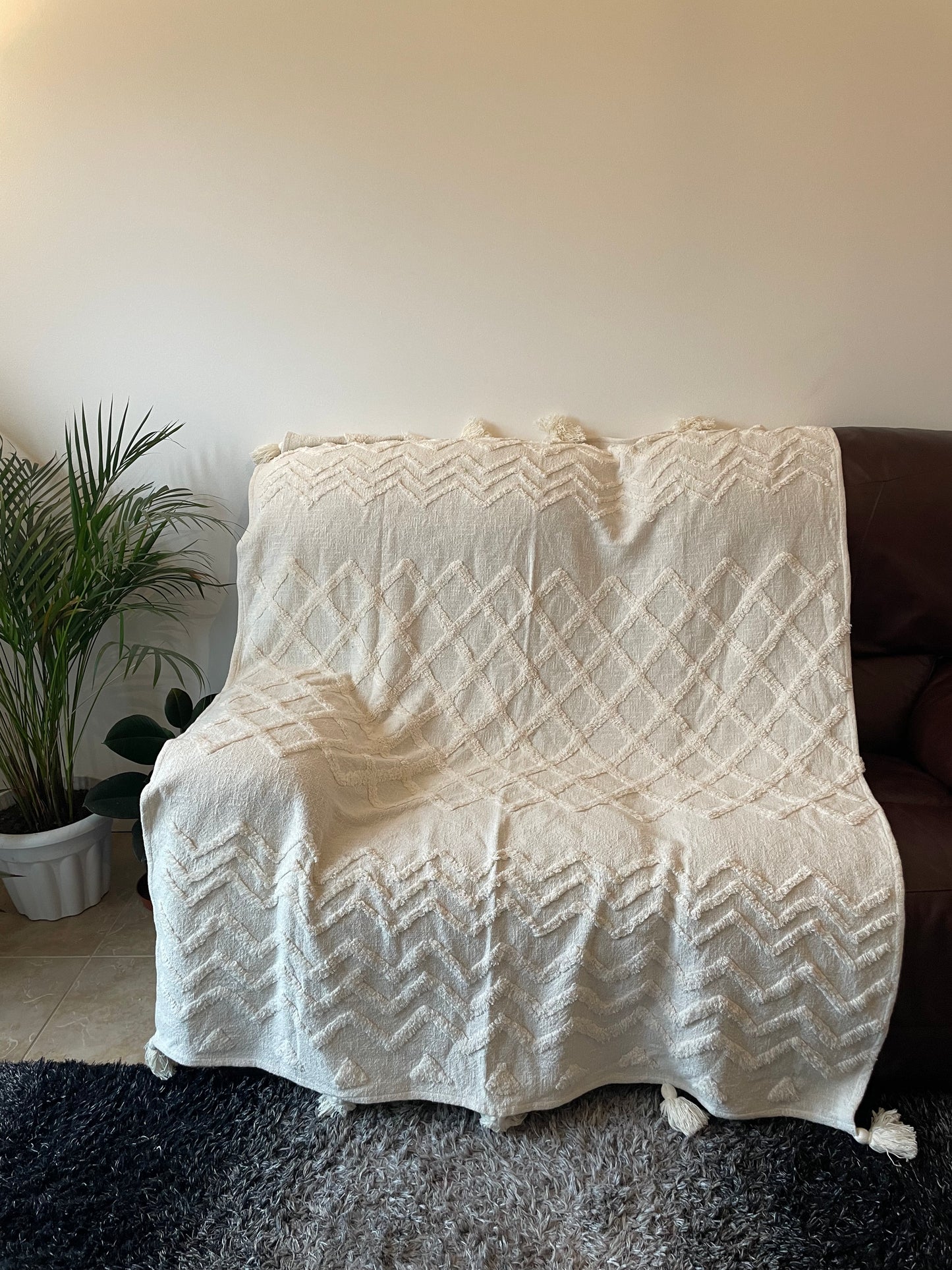 White Tufted Throw Blanket Natural Raw Cotton Hand Woven Tufted Textured Bedding Throw Blanket