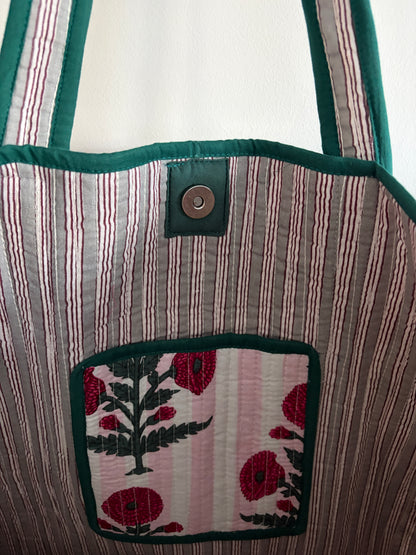 Quilted bag with floral embroidery on a mannequin inside view