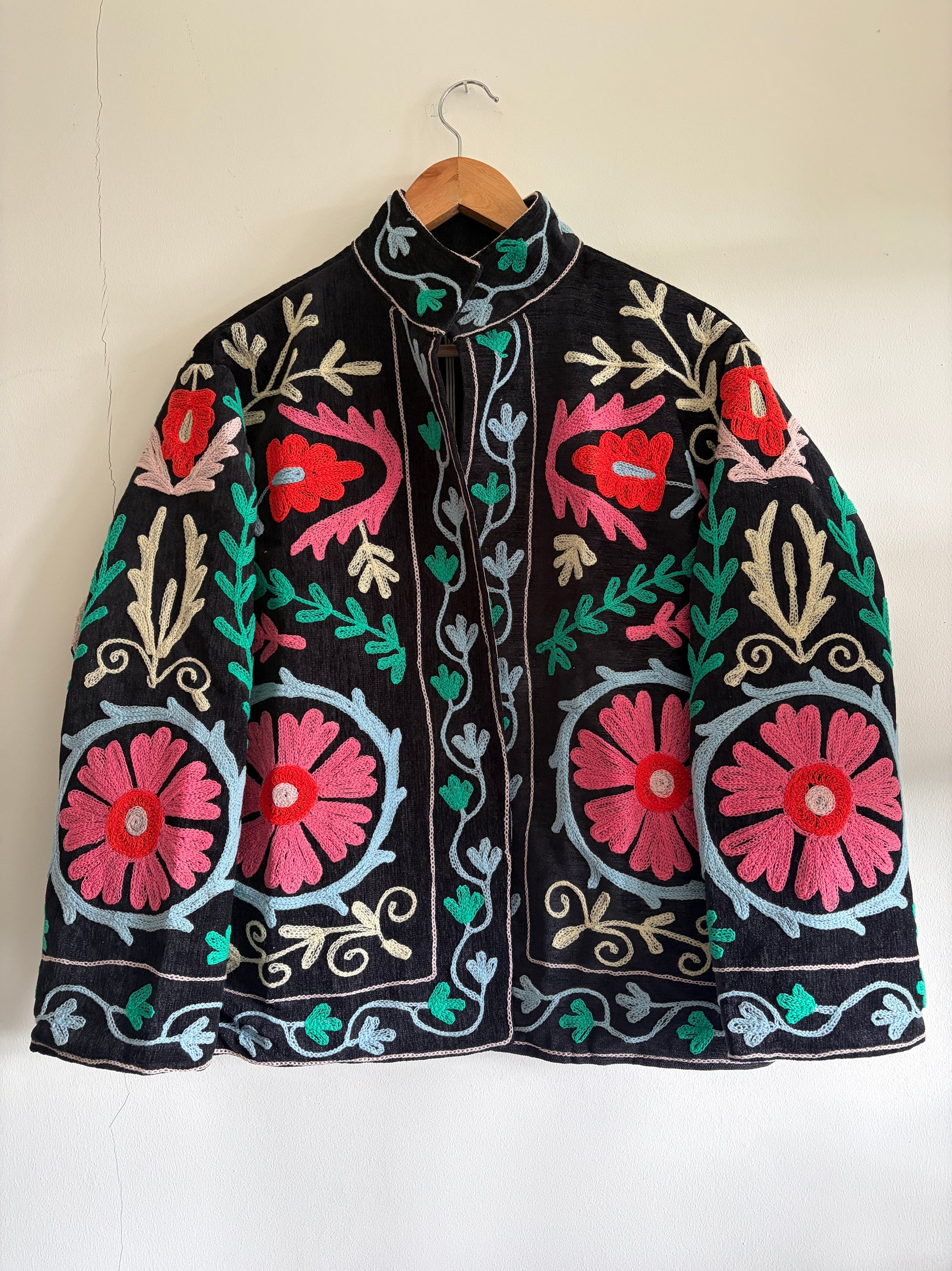 bohemian suzani embroidered jacket UK close up floral embroidery detail