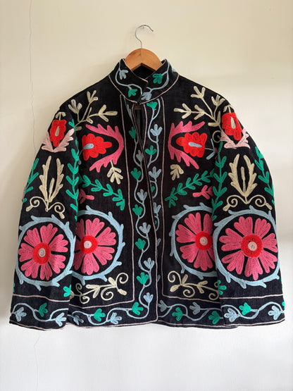 bohemian suzani embroidered jacket UK close up floral embroidery detail