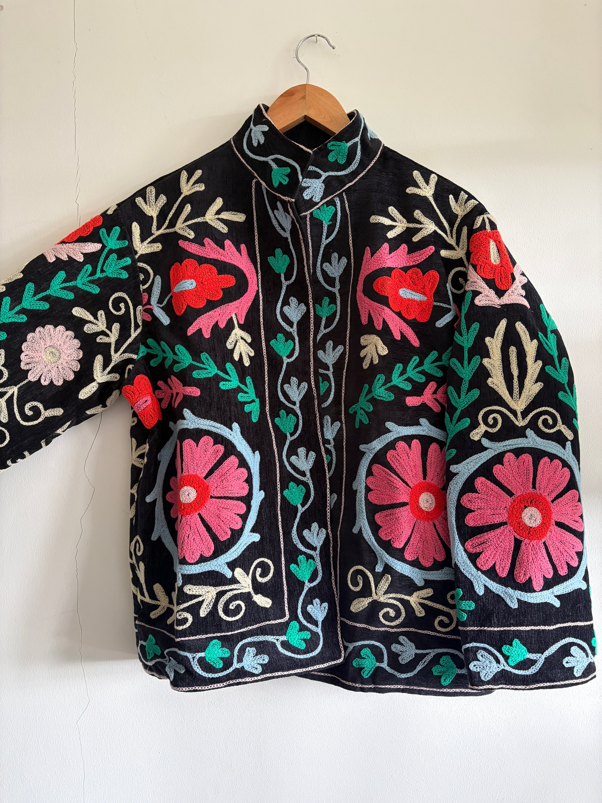 bohemian suzani embroidered jacket UK velvet fabric texture detail