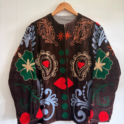 Brown suzani embroidered jacket UK front view handmade velvet jacket