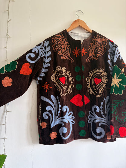 Brown suzani embroidered jacket UK full design floral embroidery detail