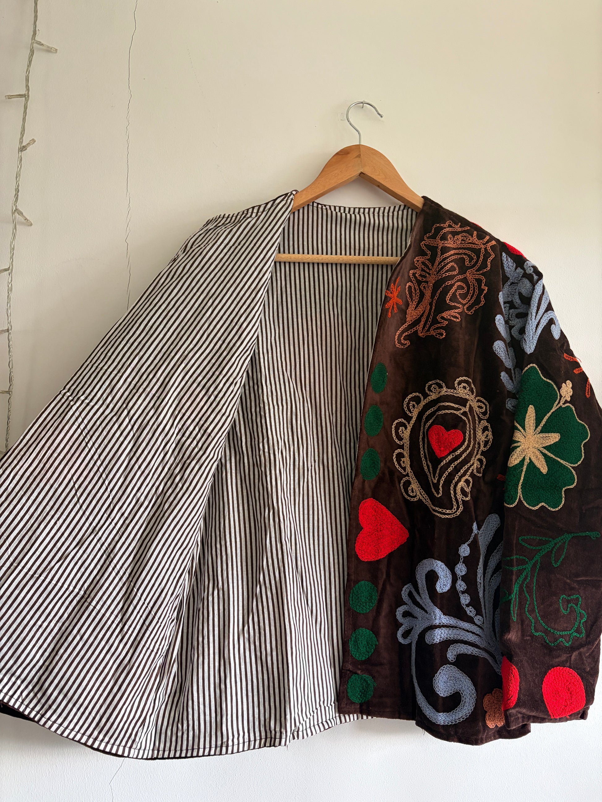 Brown suzani embroidered jacket UK inside view handmade velvet jacket