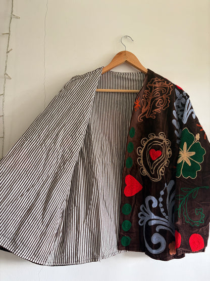 Brown suzani embroidered jacket UK inside view handmade velvet jacket