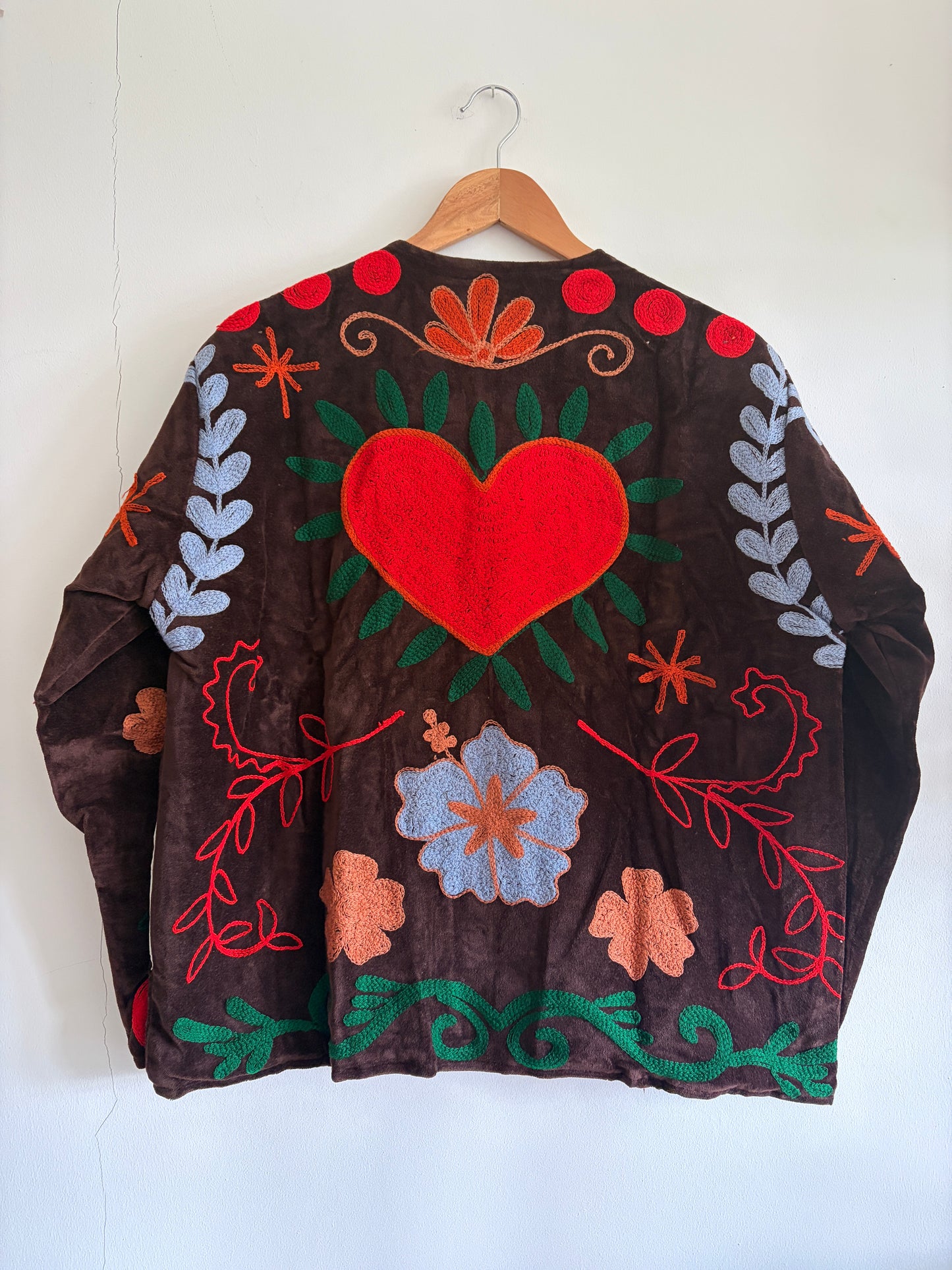 Brown suzani embroidered jacket UK back view handcrafted jacket