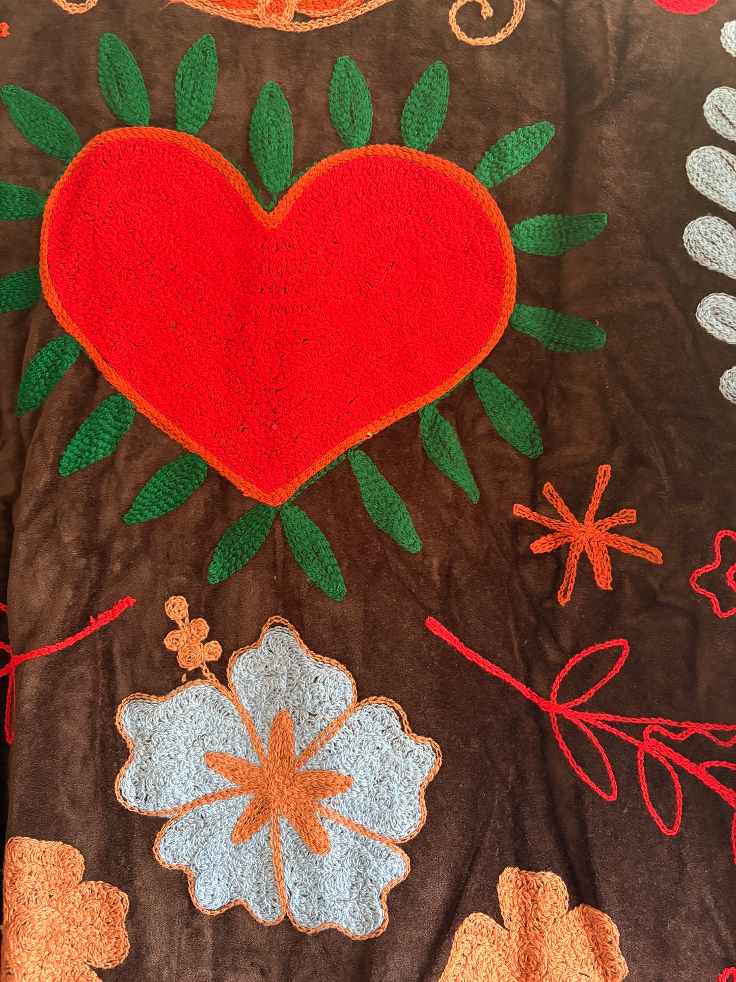 Brown suzani embroidered jacket UK close up embroidery pattern detail