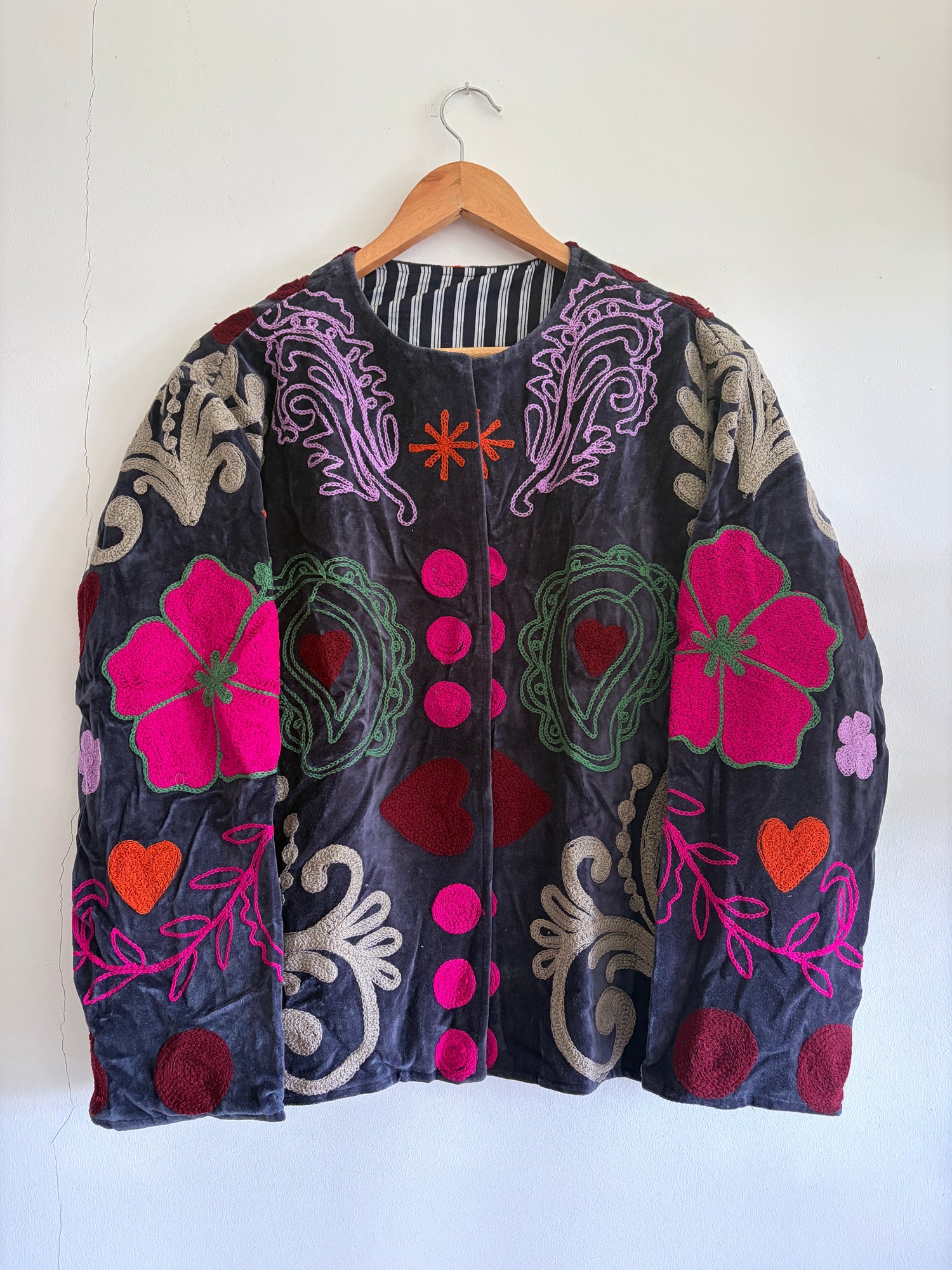 Velvet Suzani Embroidery Jacket - Grey & Pink Floral