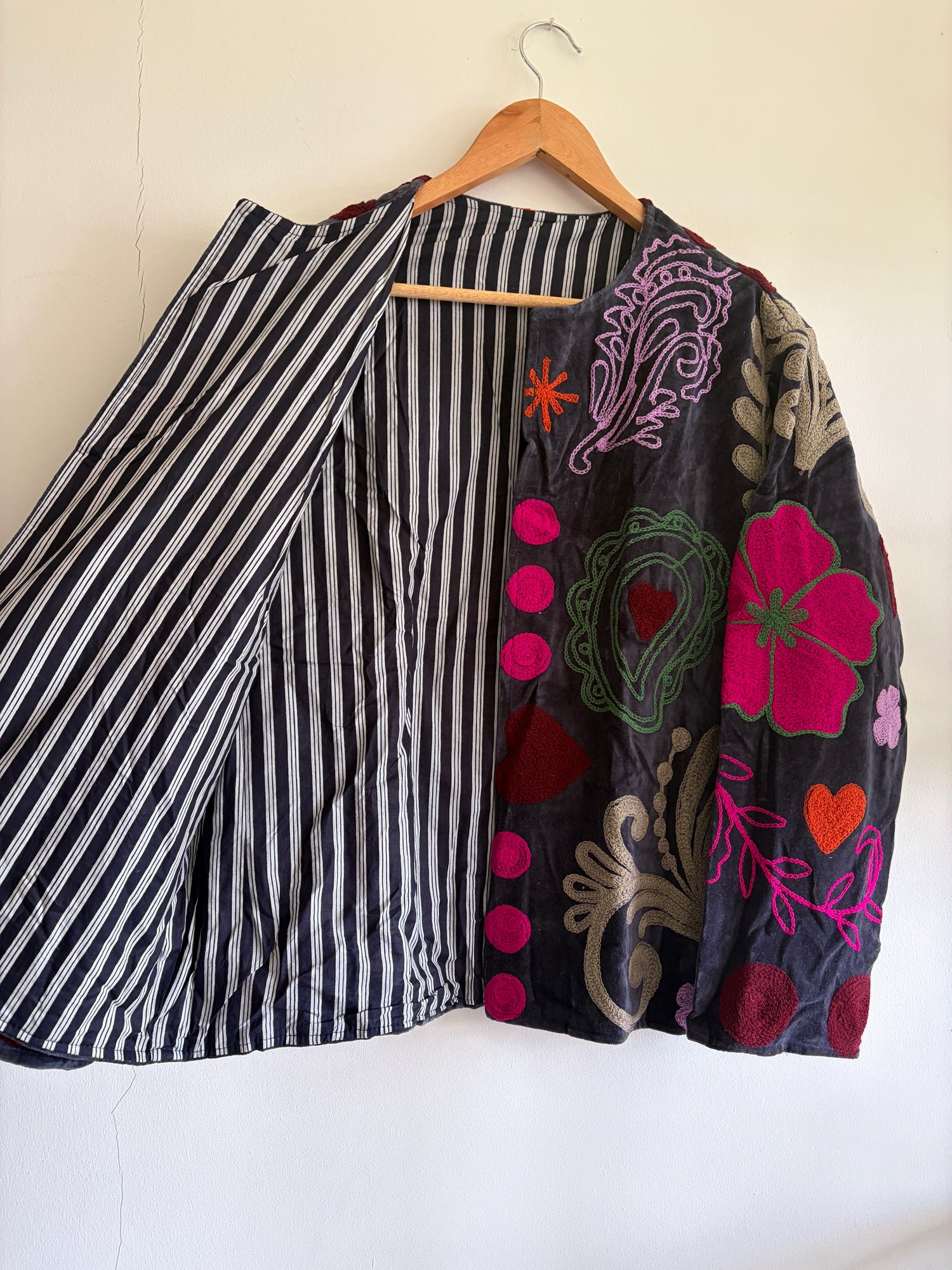 Velvet Suzani Embroidery Jacket - Grey & Pink Floral