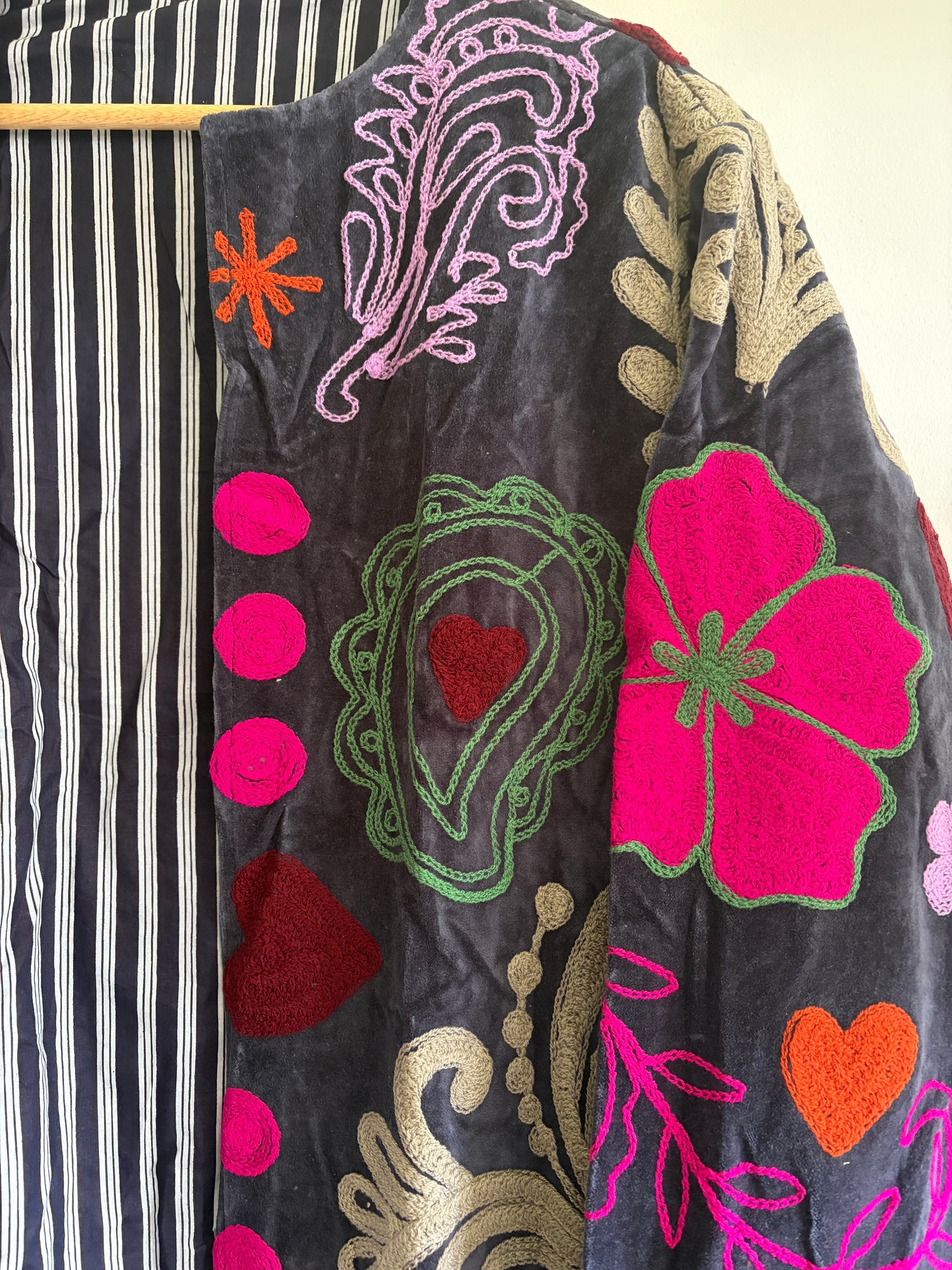 Velvet Suzani Embroidery Jacket - Grey & Pink Floral