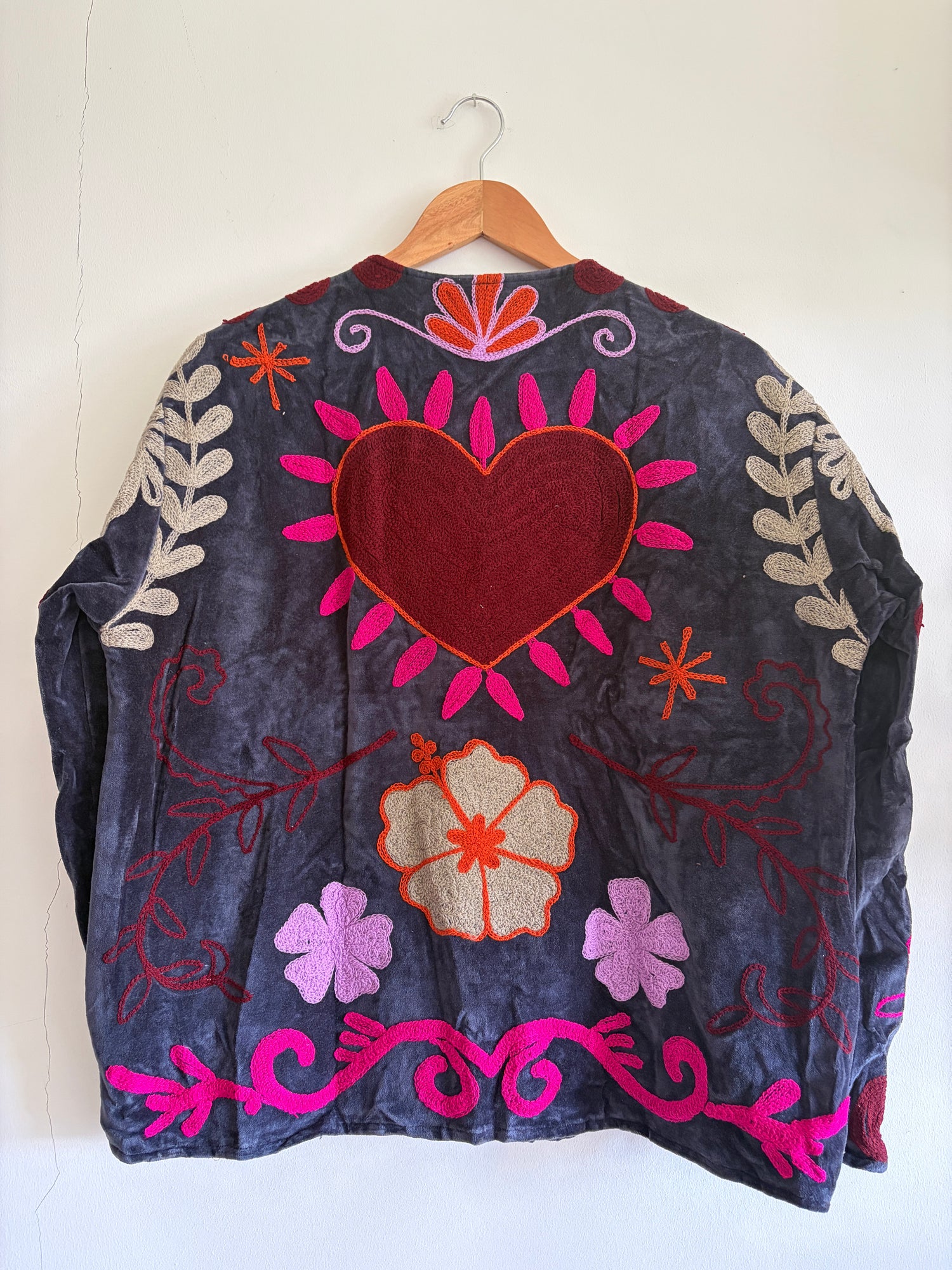 Velvet Suzani Embroidery Jacket - Grey & Pink Floral