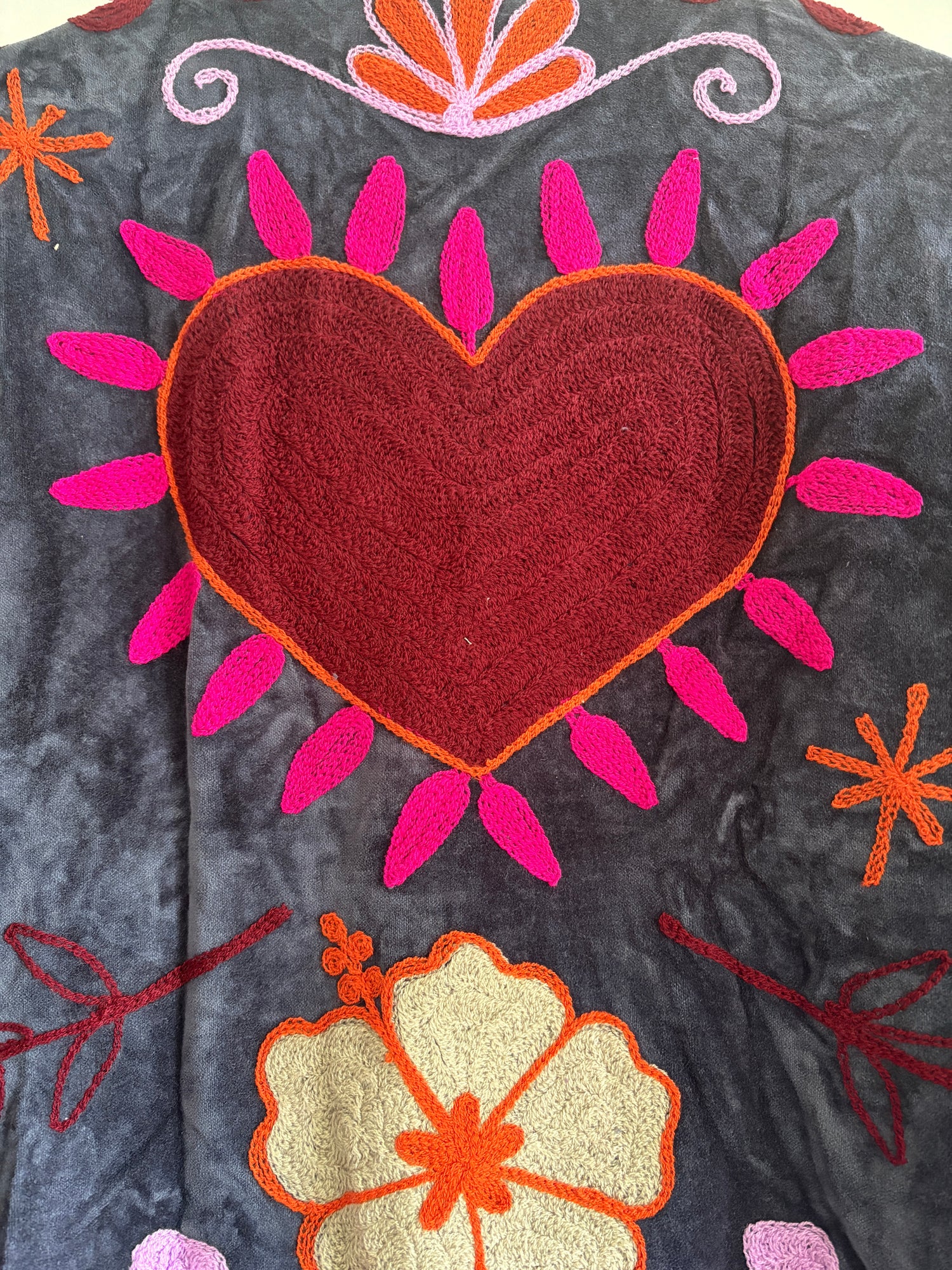 Velvet Suzani Embroidery Jacket - Grey & Pink Floral