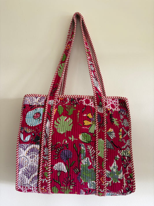 Pink cotton quilted tote bag UK front view small handmade tote