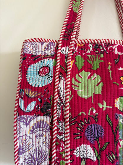 Pink cotton quilted tote bag UK floral block print pattern detail