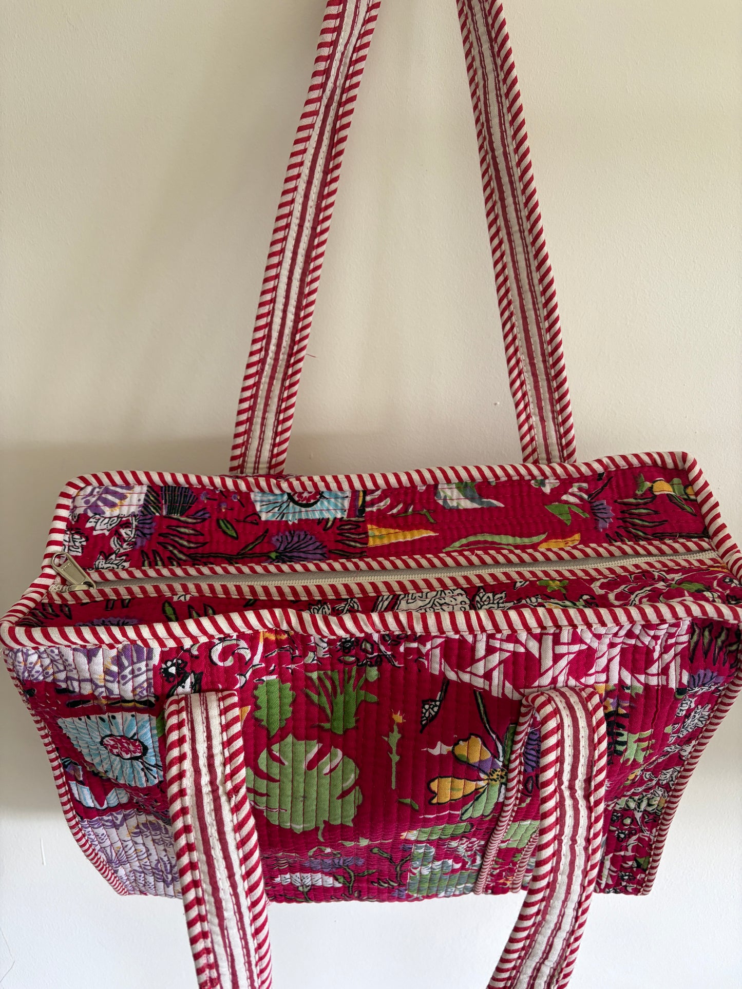Pink cotton quilted tote bag UK side view compact tote bag