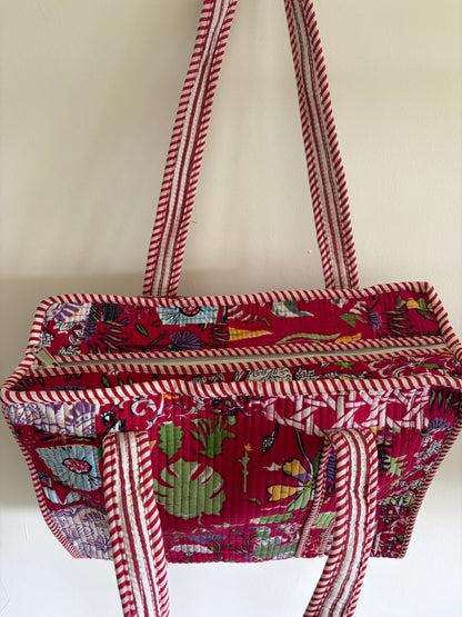 Pink cotton quilted tote bag UK side view compact tote bag