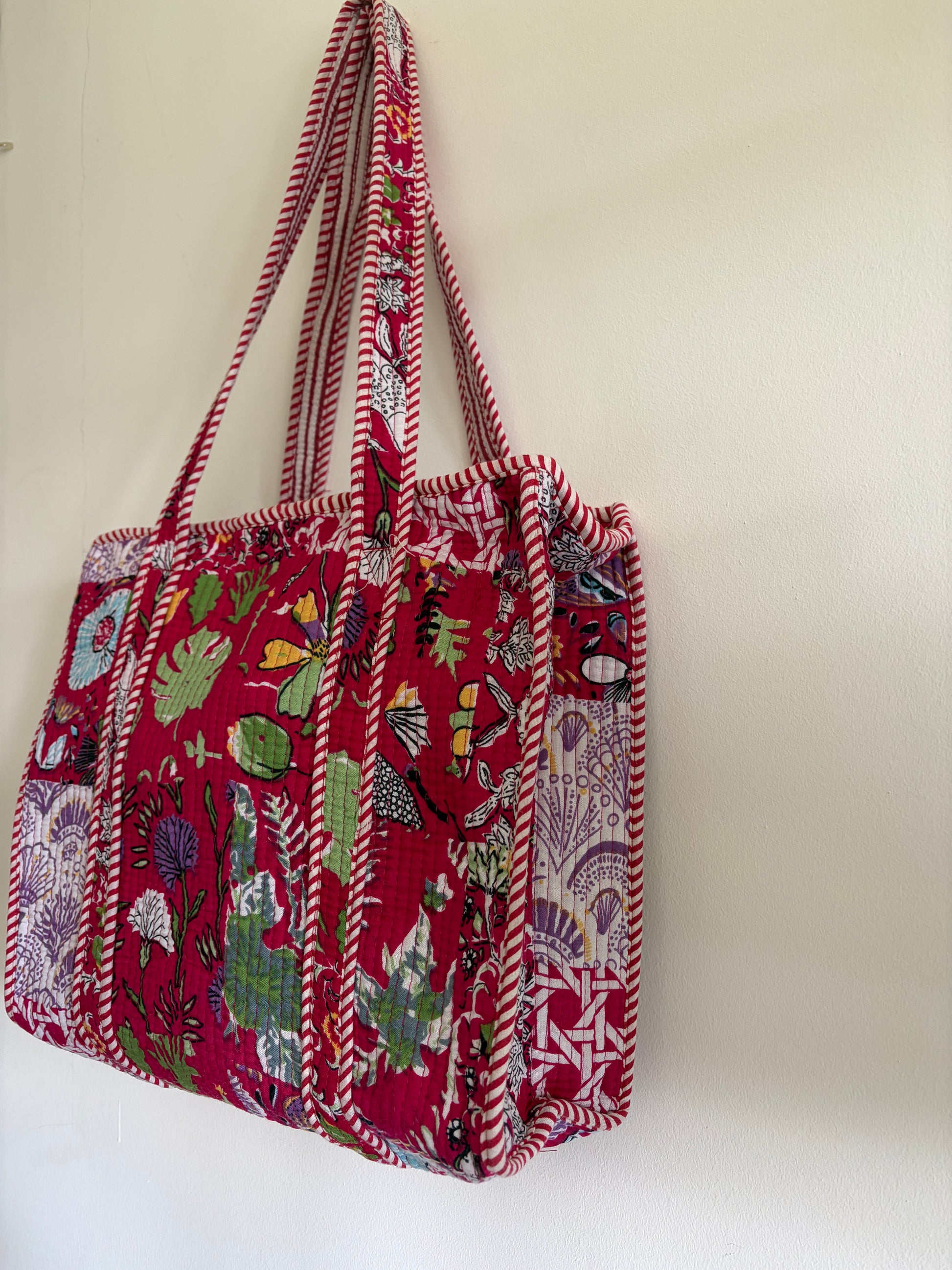 Pink cotton quilted tote bag UK back view printed cotton design