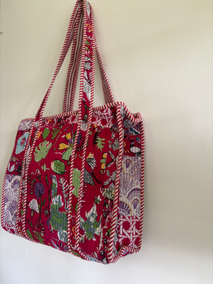 Pink cotton quilted tote bag UK back view printed cotton design