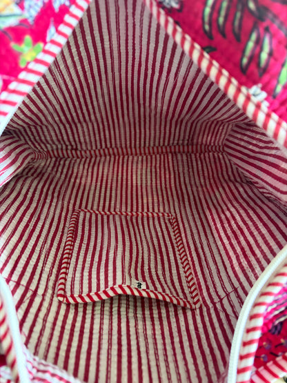 Pink cotton quilted tote bag UK inside lining soft cotton fabric