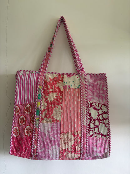 Pink cotton tote bag UK front view handmade quilted tote