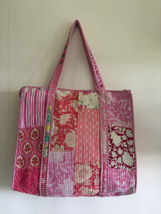 Pink cotton tote bag UK front view handmade quilted tote