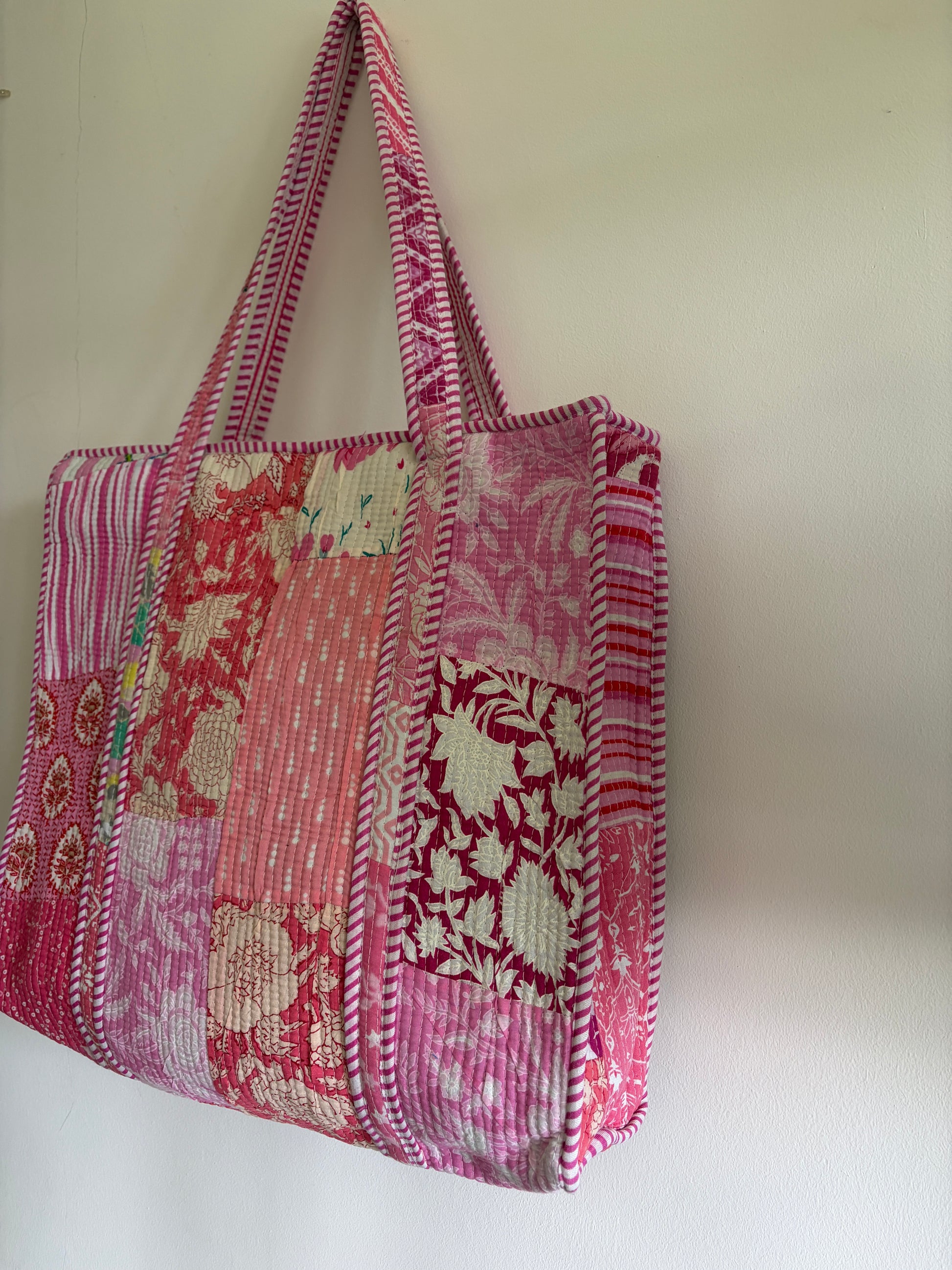 Pink cotton tote bag UK side view spacious tote bag