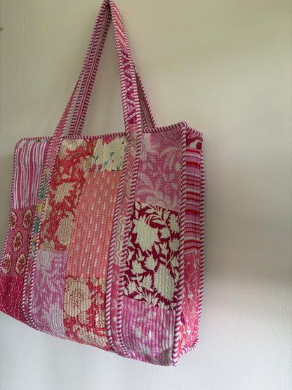 Pink cotton tote bag UK side view spacious tote bag