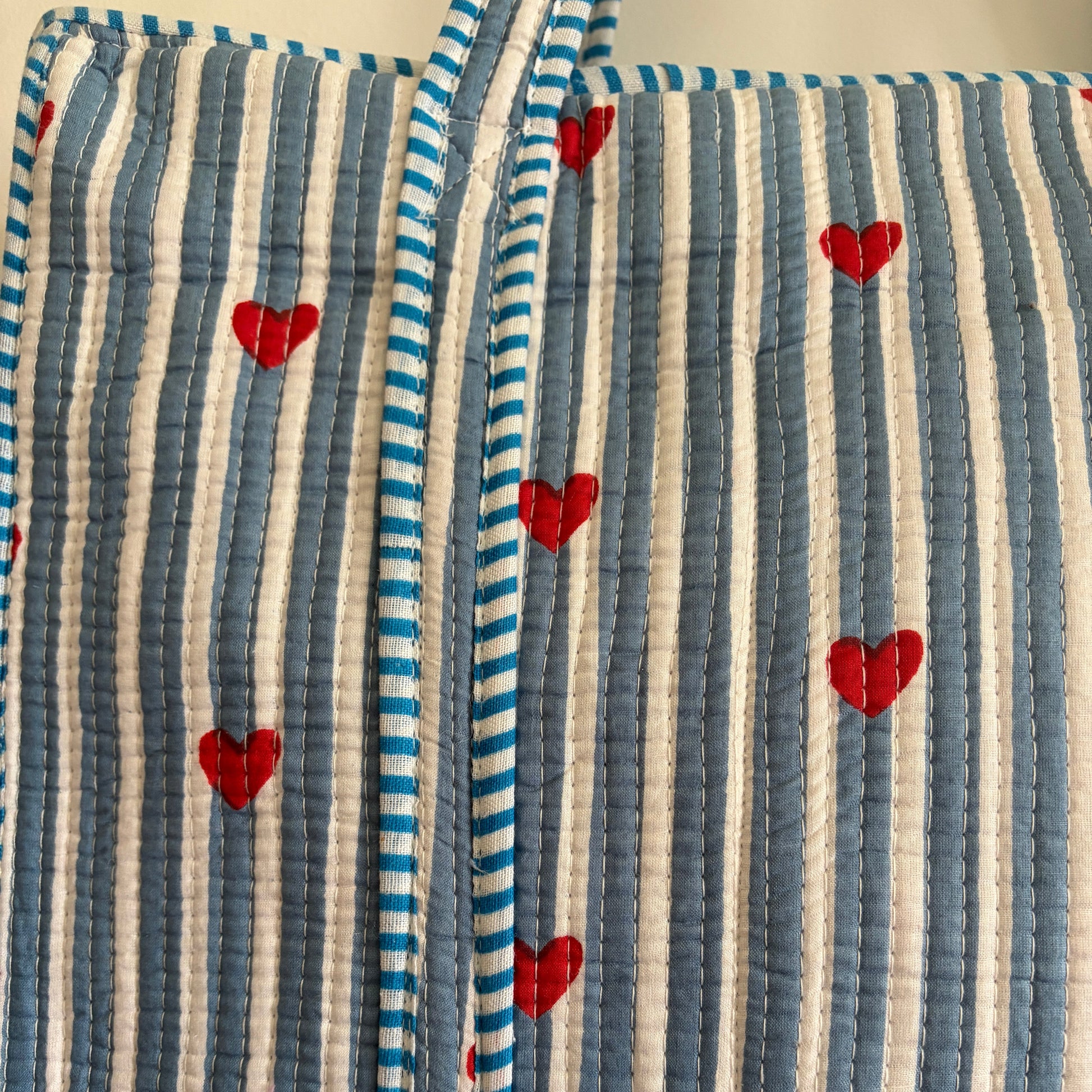 Ice blue cotton tote bag UK striped and heart pattern detail