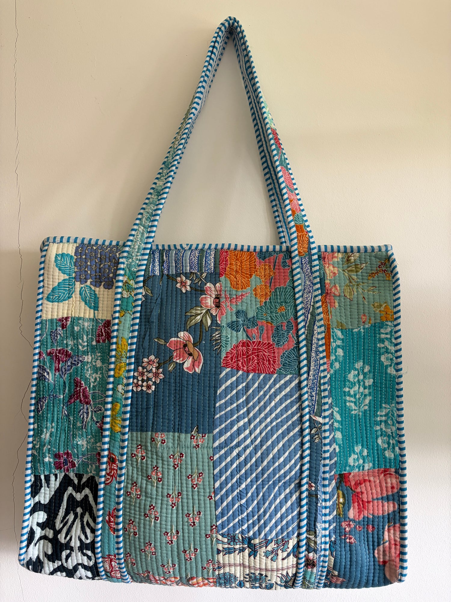 Hand Block Printed Quilted Cotton Tote bags - Blue