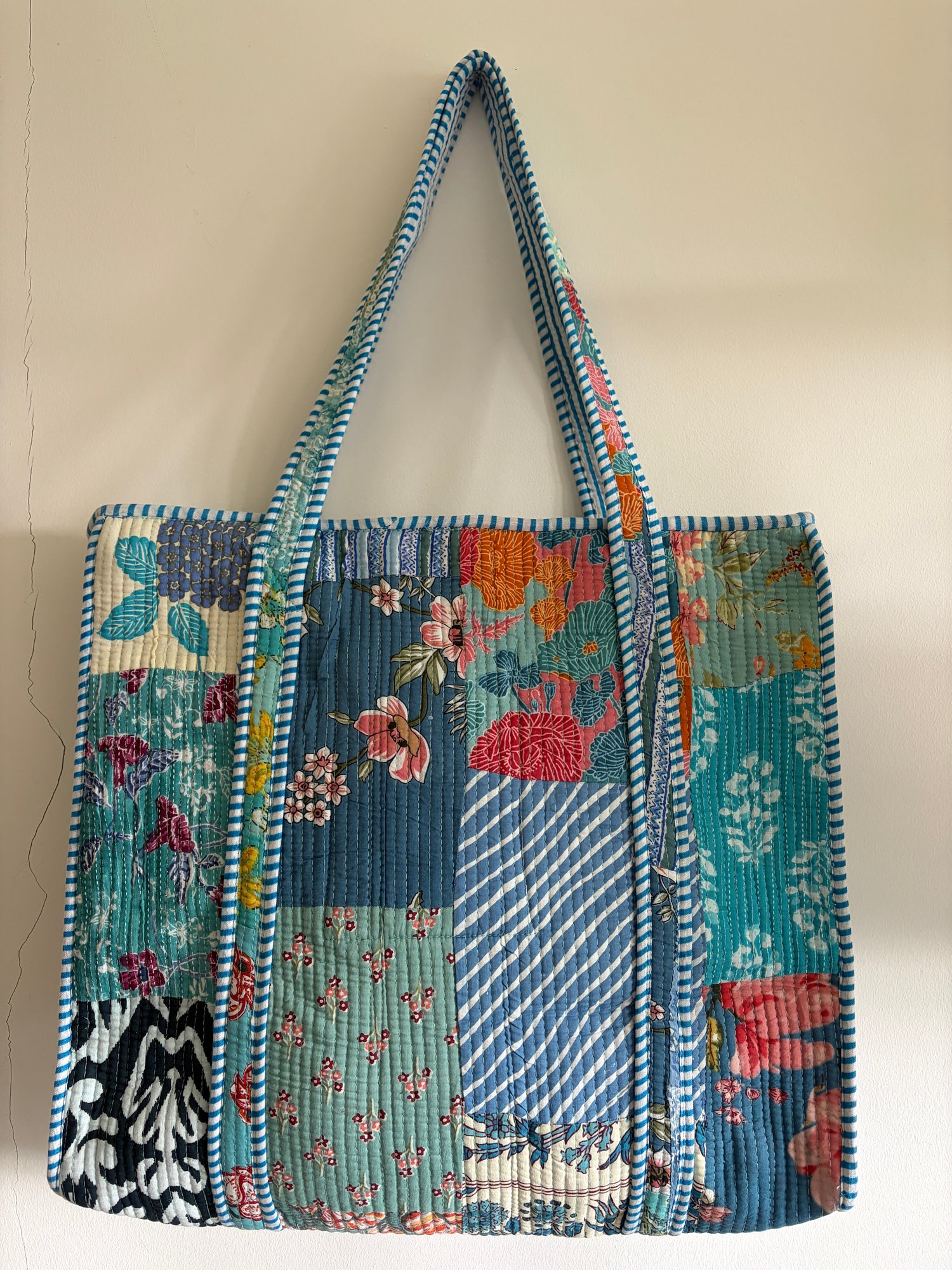 Hand Block Printed Quilted Cotton Tote bags - Blue