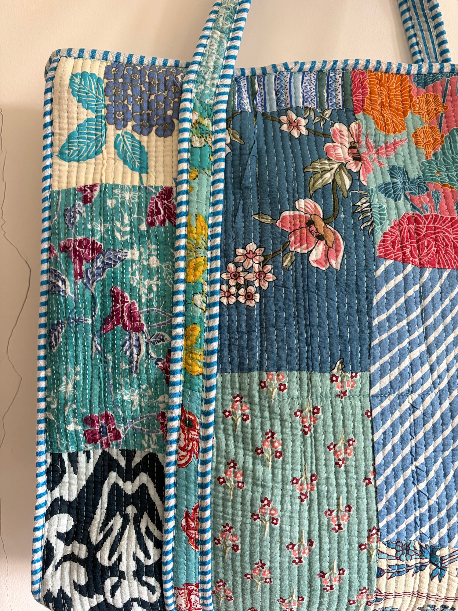 Hand Block Printed Quilted Cotton Tote bags - Blue