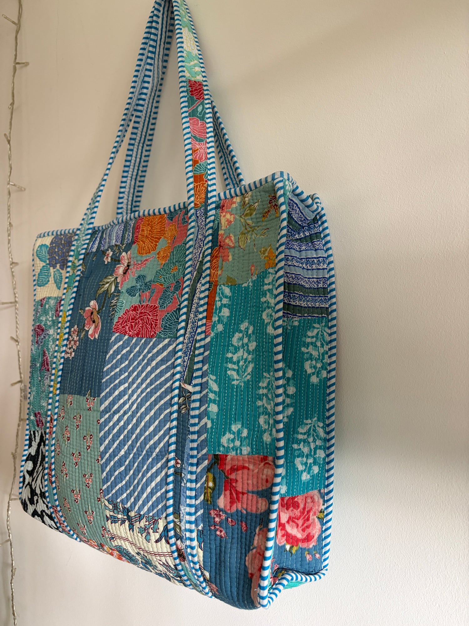 Hand Block Printed Quilted Cotton Tote bags - Blue