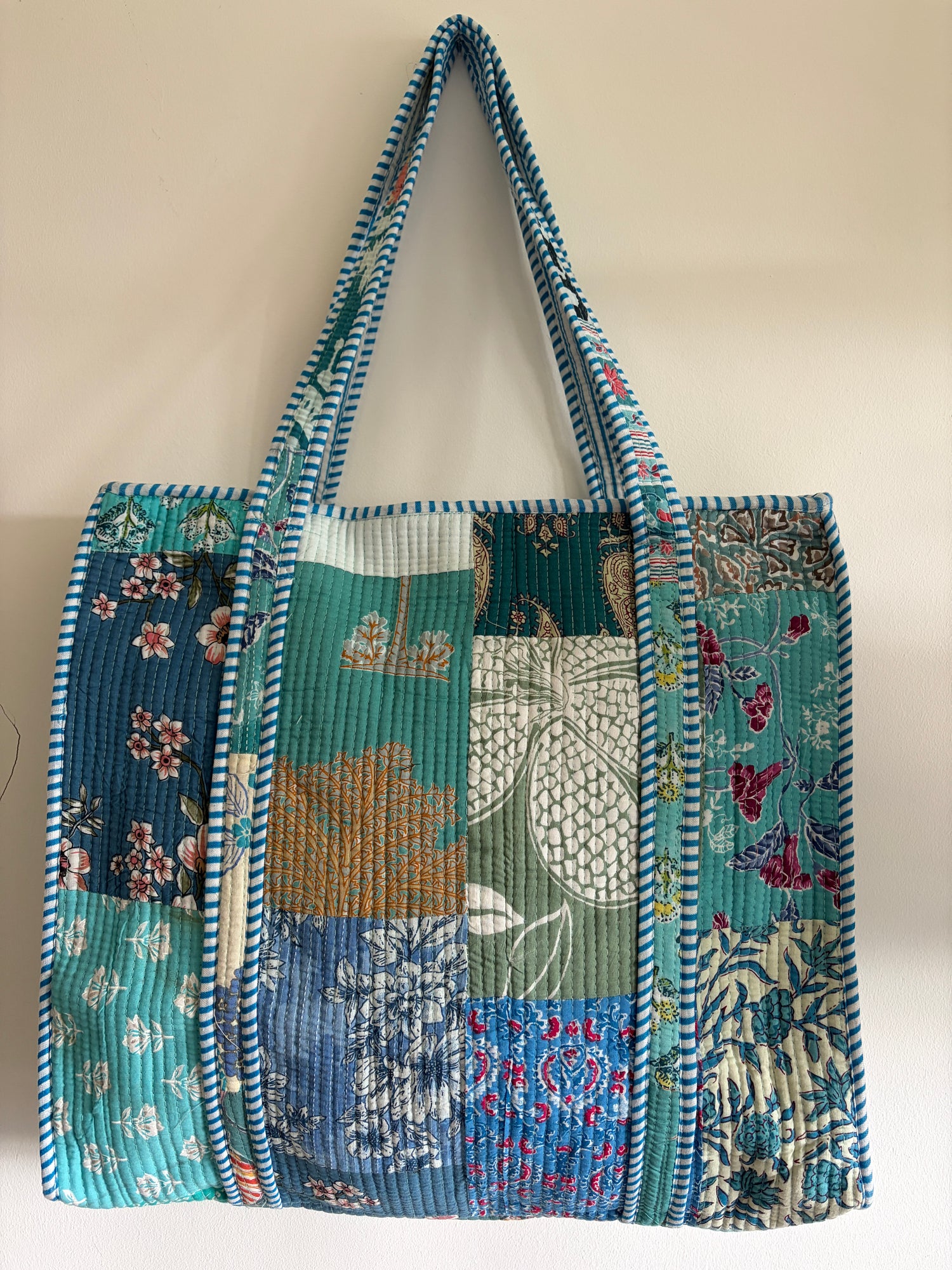 Hand Block Printed Quilted Cotton Tote bags - Blue