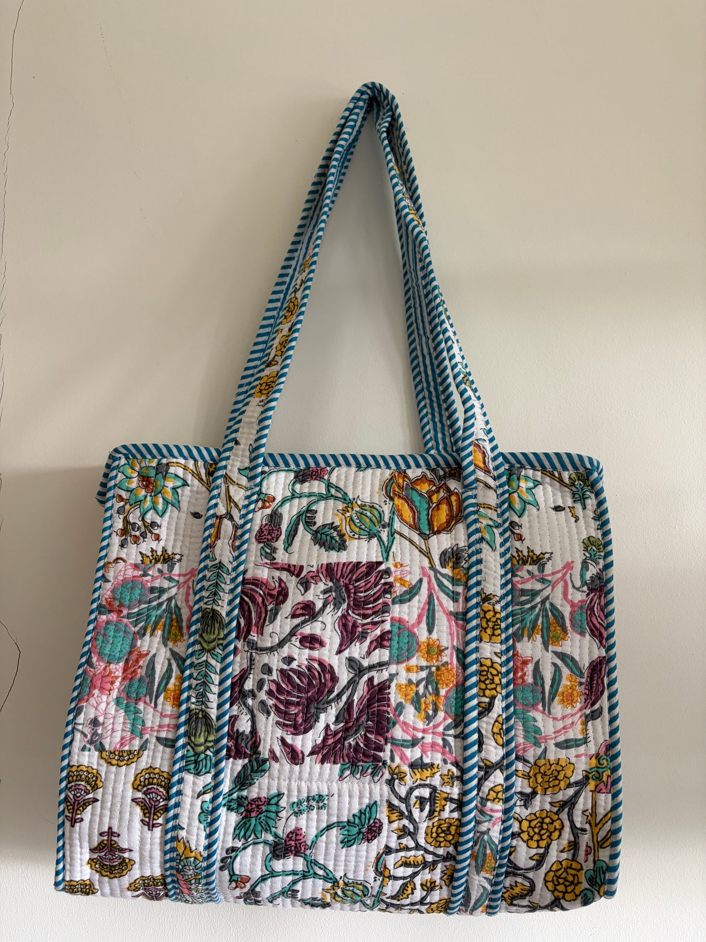 White cotton quilted tote bag UK front view small handmade tote