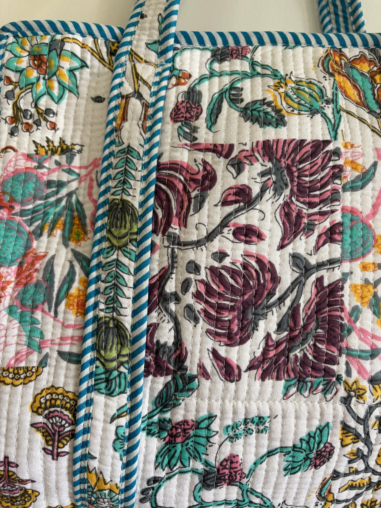 White cotton quilted tote bag UK pattern detail block print design