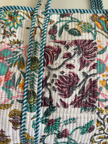White cotton quilted tote bag UK pattern detail block print design