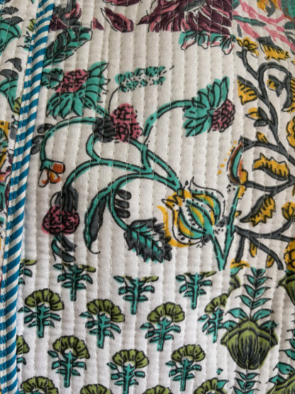 White cotton quilted tote bag UK back view block print pattern