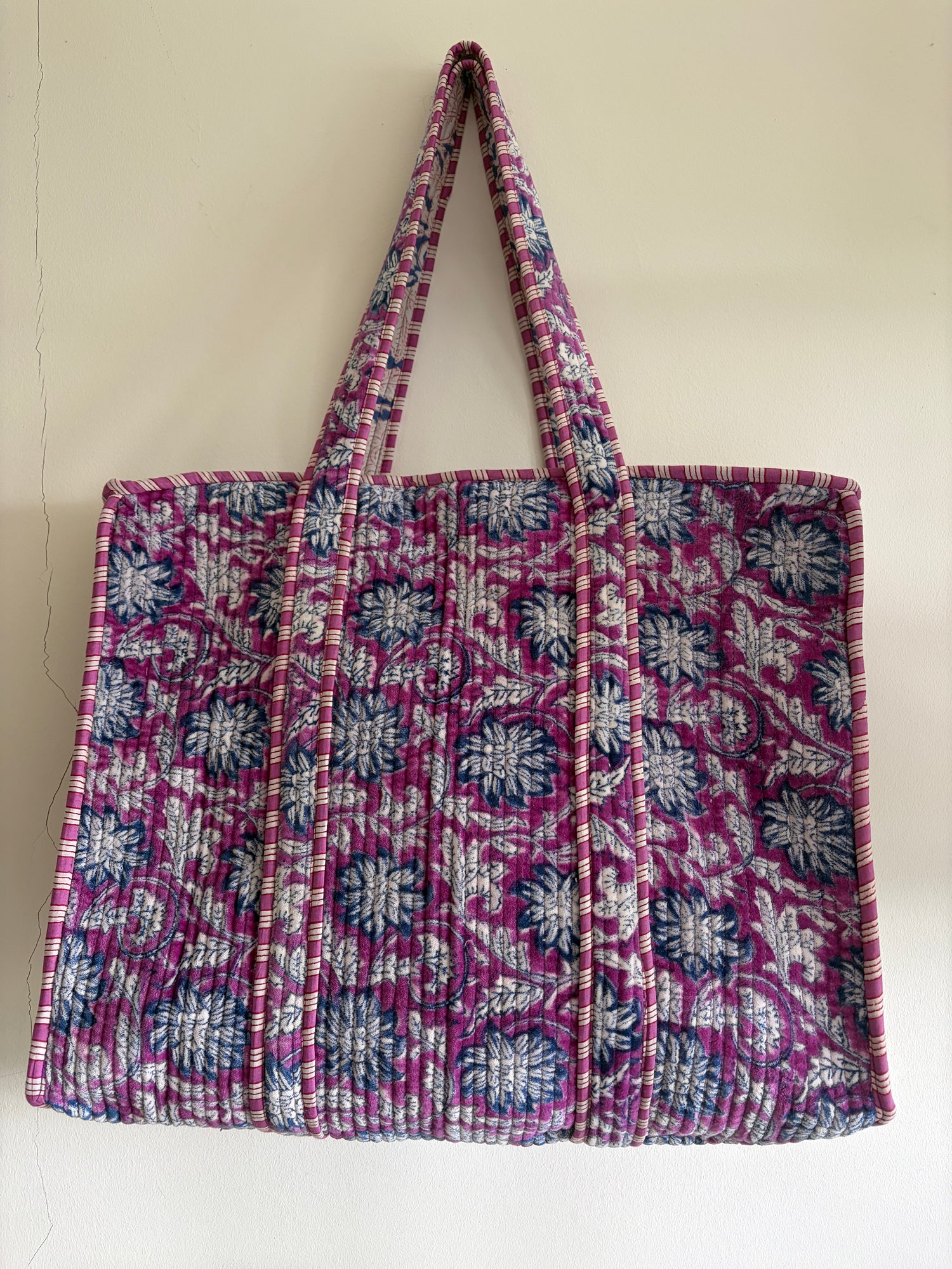 Hand Block Printed Quilted Velvet Tote Bag - Purple Floral