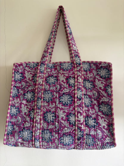 Purple floral velvet tote bag UK front view handmade quilted tote