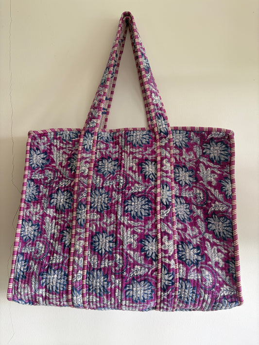 Hand Block Printed Quilted Velvet Tote Bag - Purple Floral