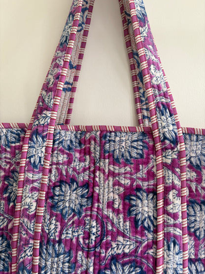 Purple floral velvet tote bag UK handle detail quilted tote