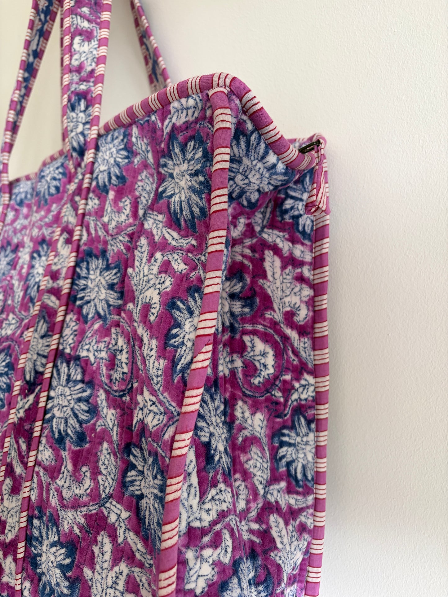 Purple floral velvet tote bag UK full pattern view velvet design