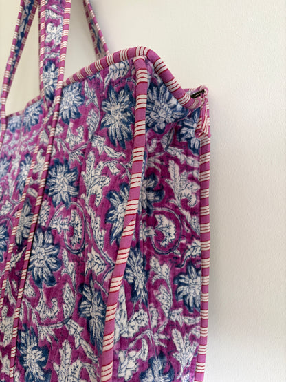 Purple floral velvet tote bag UK full pattern view velvet design