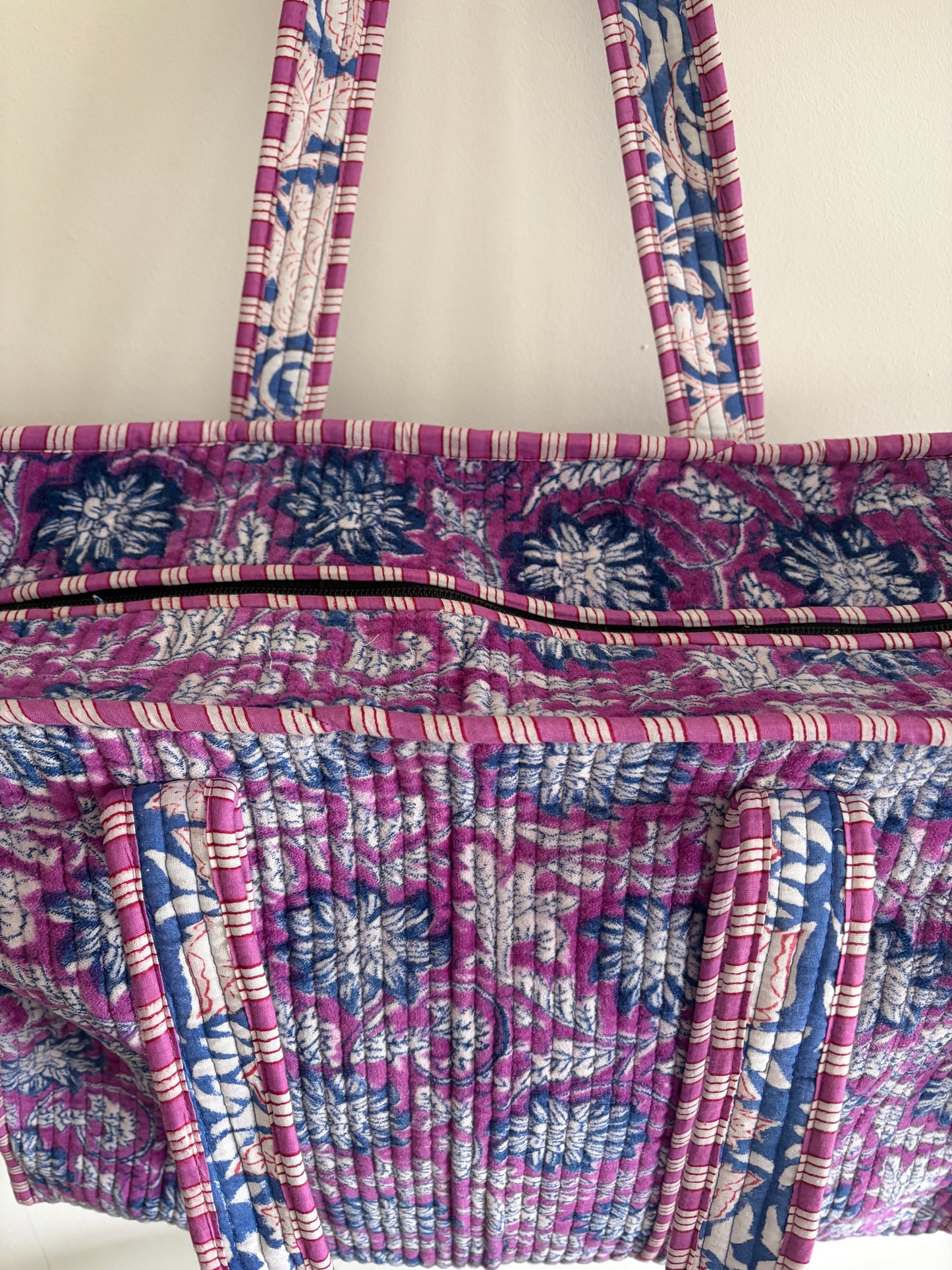 Purple floral velvet tote bag UK side view spacious tote bag